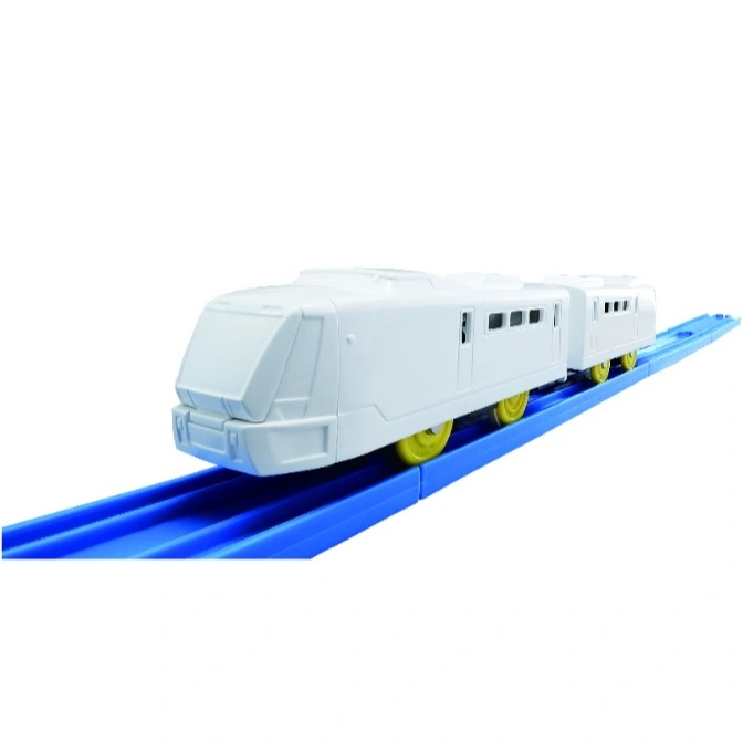  White toy train on blue tracks with yellow wheels.