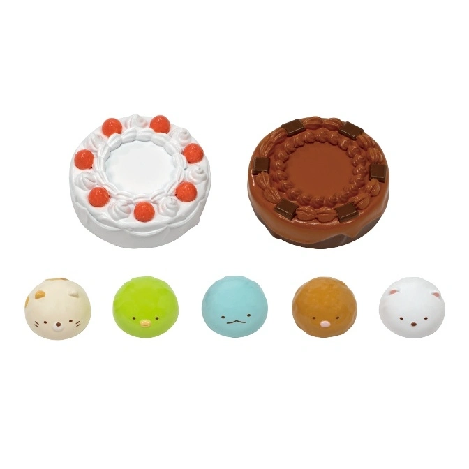  Sumikko Gurashi cake and character squishies. Strawberry cake, chocolate cake, cat, chick, blue, brown, and white characters.