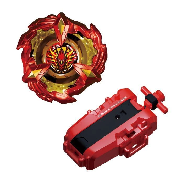  Red Beyblade with launcher. Beyblade has a dragon design.