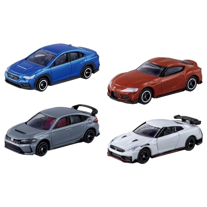Four toy cars: blue Subaru, brown Toyota Supra, gray Honda Civic, and white Nissan GT-R.