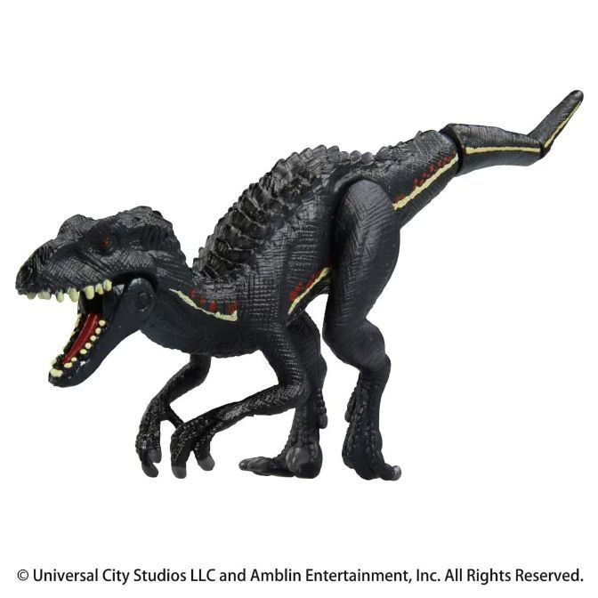  Black Indoraptor toy with red and yellow stripes, mouth open.