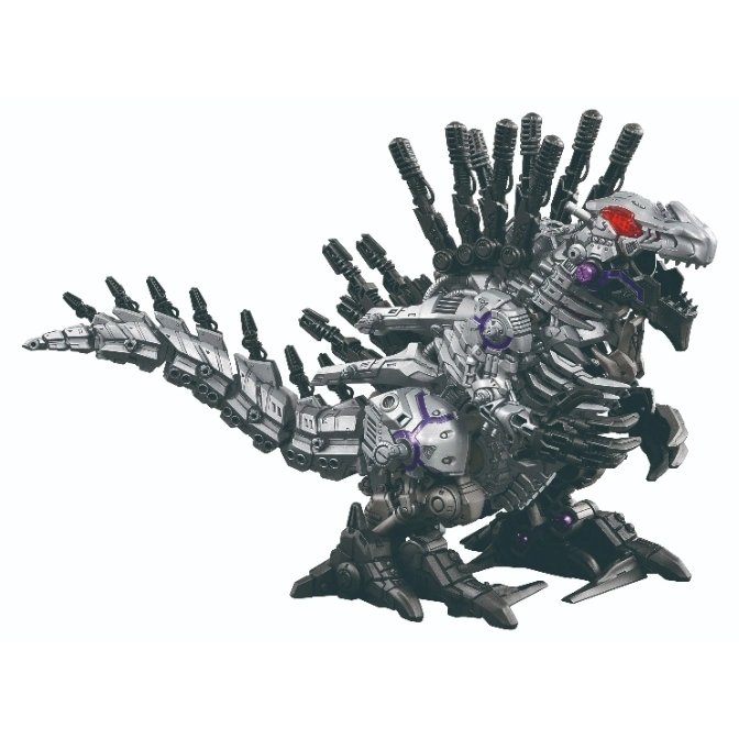 Metallic dinosaur robot toy with multiple cannons and a menacing red eye.