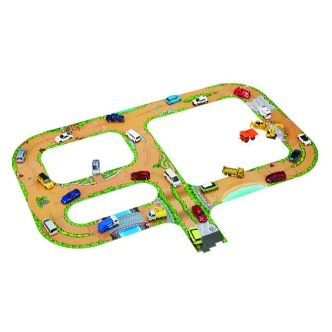 Toy car track with miniature vehicles including cars, trucks, and construction equipment.