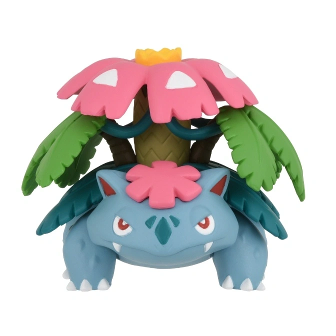 Venusaur toy figure with pink flower and green leaves.