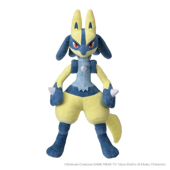  Lucario plush toy with blue and yellow fur, standing upright.