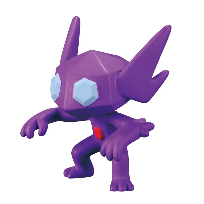  Purple Sableye toy figure with gem eyes and chest, standing.