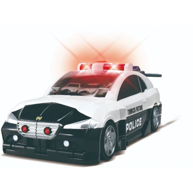 Tomica Patrol toy car with flashing red lights, black and white design, and "POLICE" text.