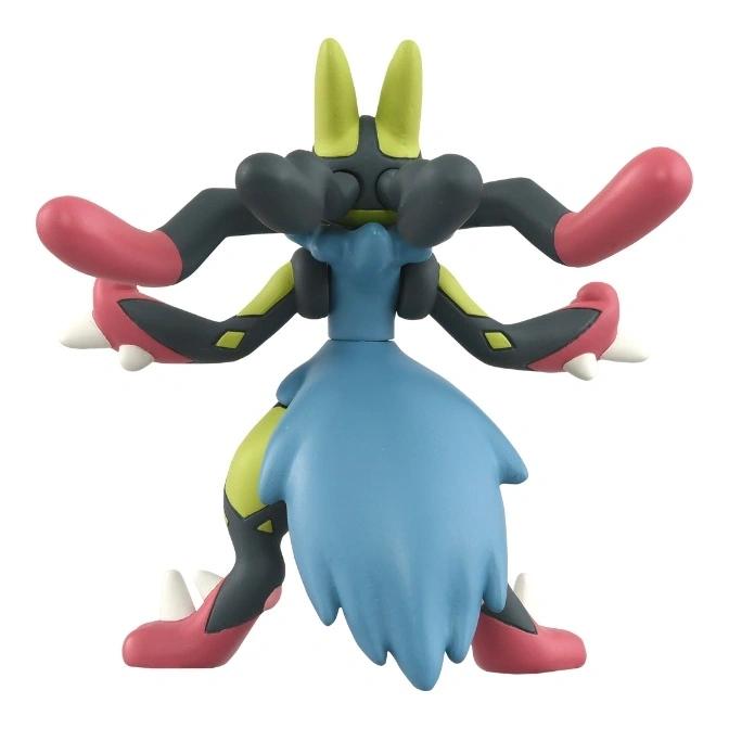  Mega Lucario toy figure with blue tail and pink accents, viewed from the back.