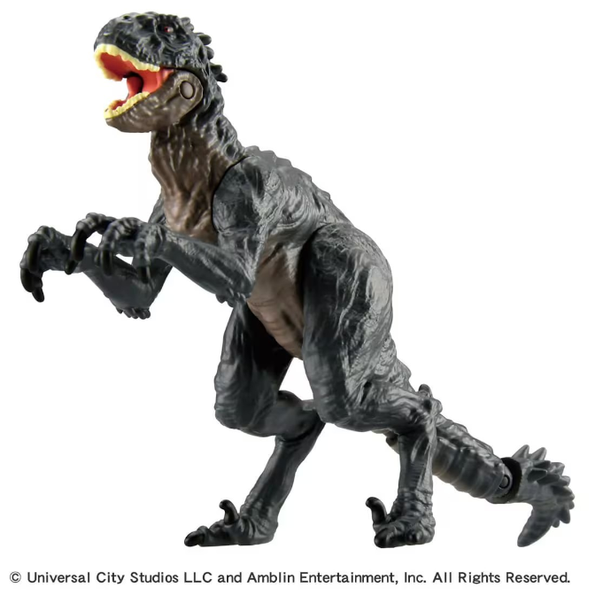  Indoraptor toy with articulated limbs and menacing claws, mouth open showing red interior.