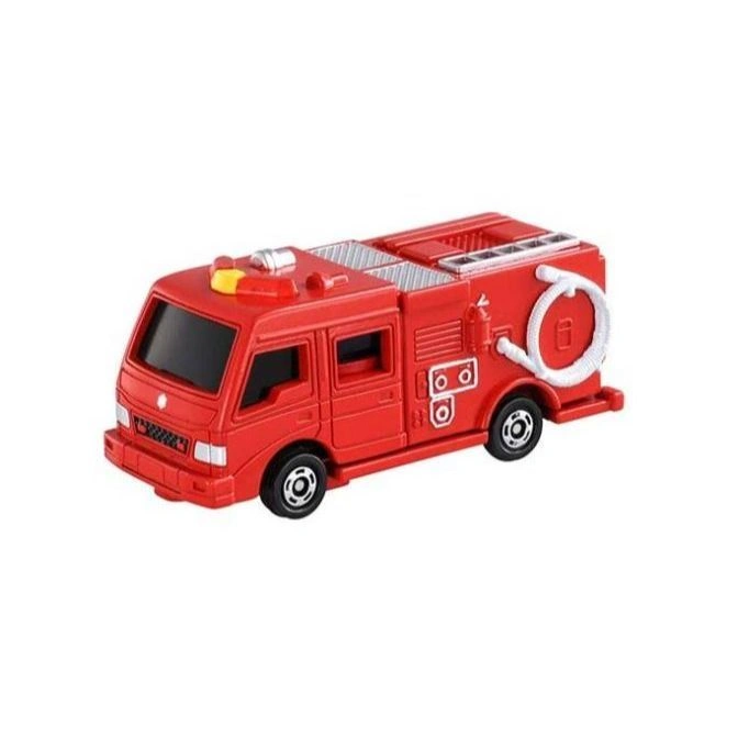 Red toy fire engine with hose and ladder.