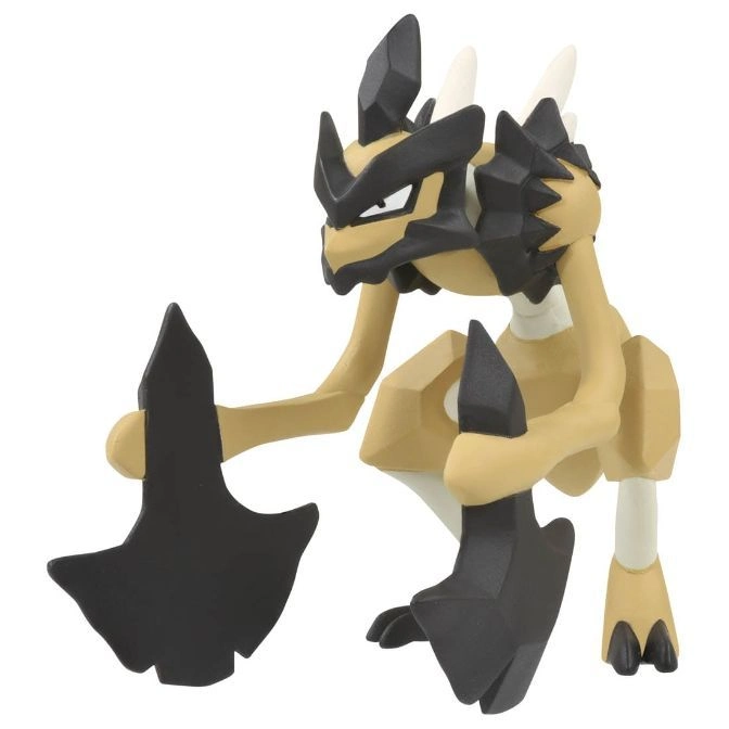 A poseable toy figure of a tan and black Pokémon with blade-like hands.