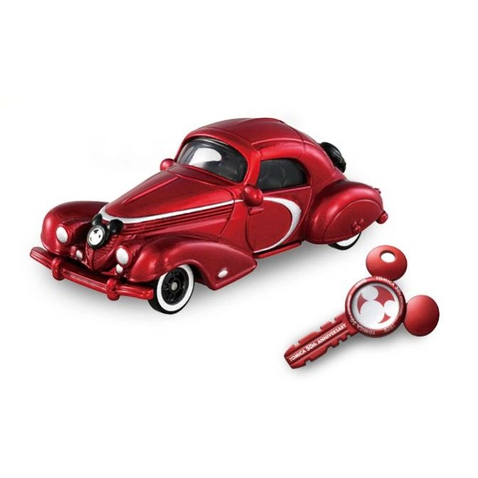 Red toy car with a Mickey Mouse key, celebrating Tomica's 50th anniversary.