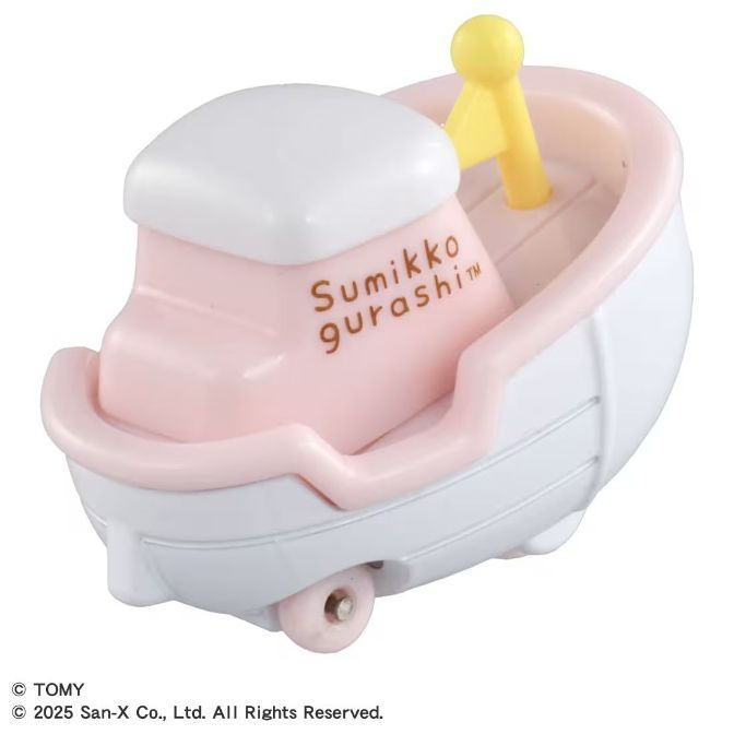  Sumikko Gurashi toy boat with pink cabin, white hull, yellow mast, and rolling wheels.
