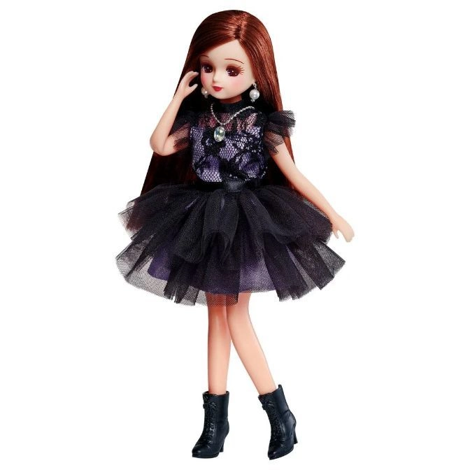  Licca-chan doll in a black tulle dress and boots, wearing jewelry.
