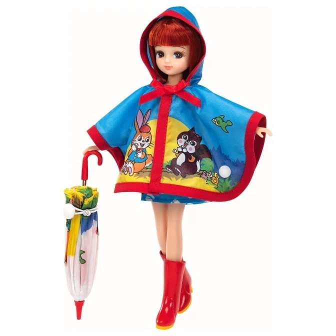  Licca-chan doll in a hooded animal-print poncho, red boots, and holding a colorful umbrella.