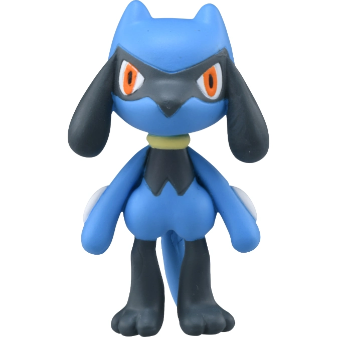 Blue Riolu toy figure with black accents and orange eyes, standing upright.
