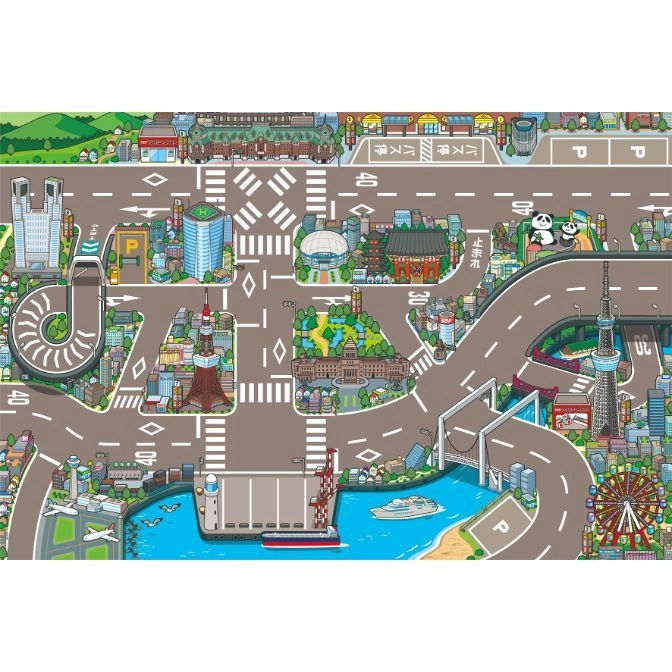  Cartoon map of Tokyo with landmarks, roads, and toy-like buildings, including Tokyo Tower and Senso-ji Temple.