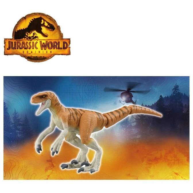  Amber Collection Velociraptor toy with helicopter backdrop and Jurassic World logo.