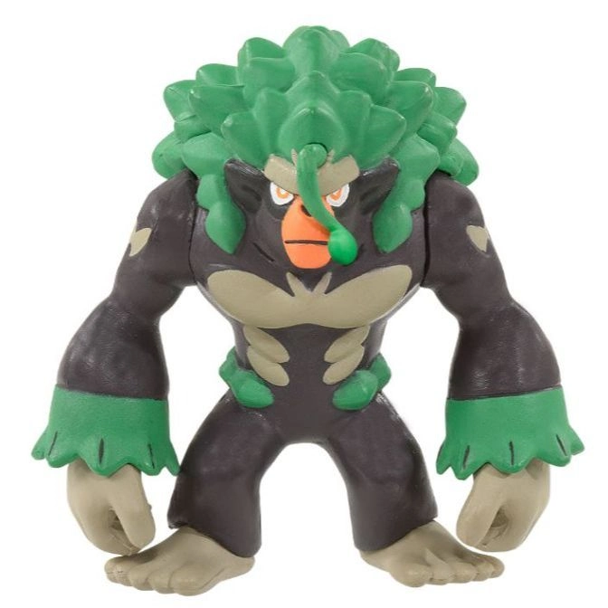 Toy figure of Rillaboom, a gorilla-like Pokémon with green foliage on its head and wrists.