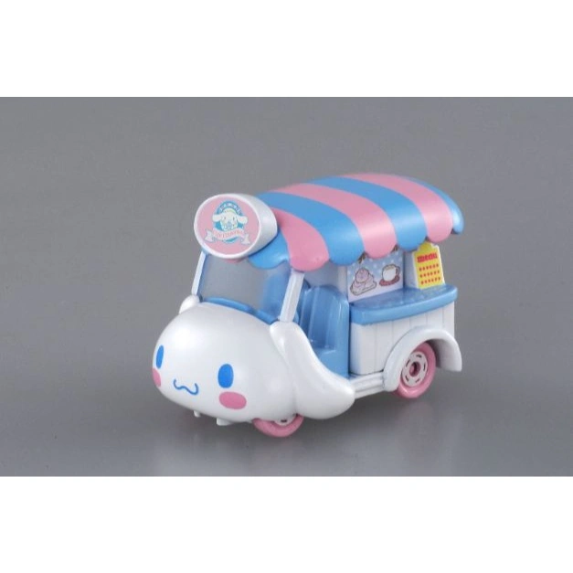 Cinnamoroll Cafe toy car with pink and blue awning, menu, and character face.