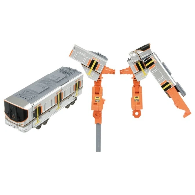 Train transformer toy: a silver train and two robot arms with orange joints.