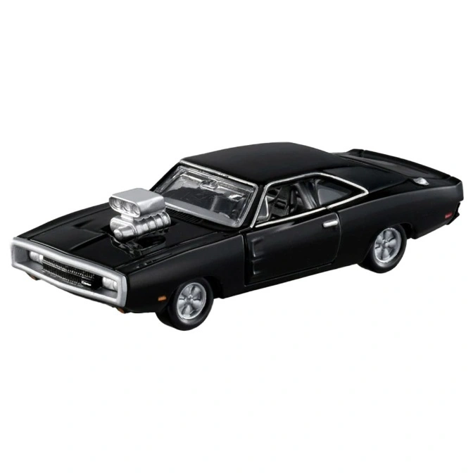 Black 1970 Dodge Charger toy car with a supercharger on the hood.