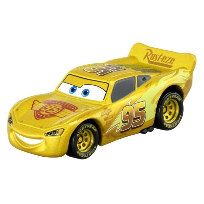 Gold Lightning McQueen toy car with Rust-eze spoiler and number 95.