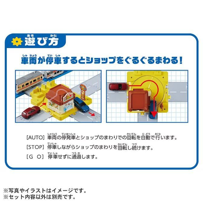  The image shows a toy set with a train and cars that can stop at a shop and rotate around it. The image also includes text in Japanese that explains how to play with the toy.