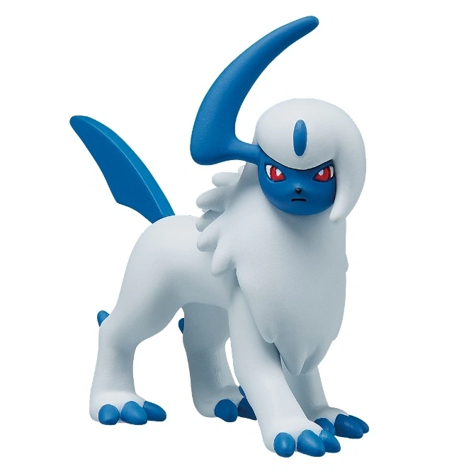 Absol toy figure with white fur and blue accents standing.