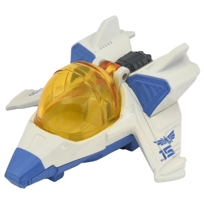  Toy spaceship with yellow cockpit, white body, and blue accents. Features 'XL-15' logo.