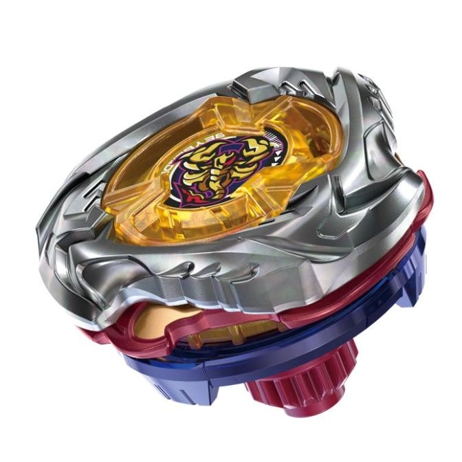 Beyblade toy with a silver top, gold center with a scorpion design, and a blue and red base.