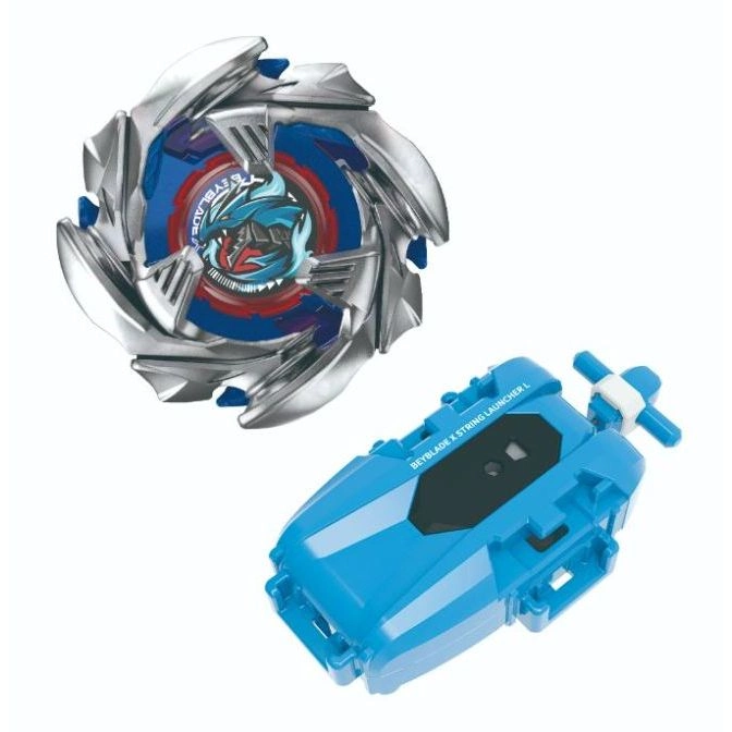  Beyblade X toy set: silver spinning top with blue accents and a blue string launcher.