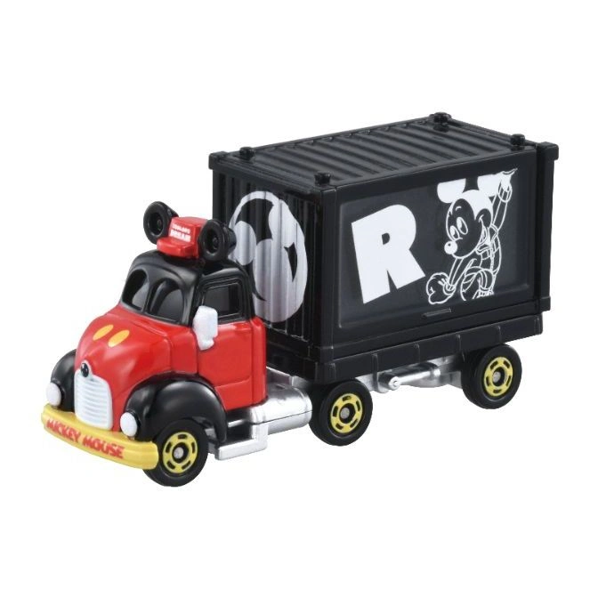 Mickey Mouse toy truck with black container, red cab, and yellow bumper.