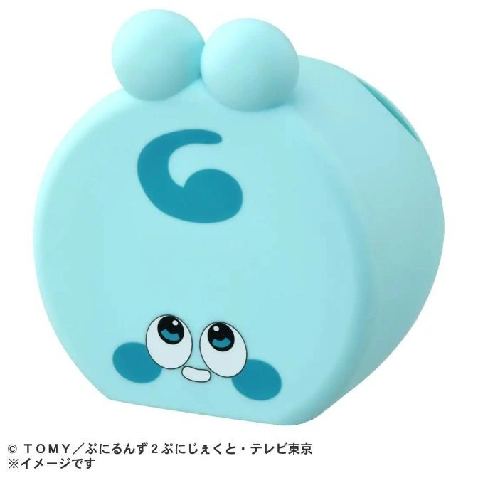  Light blue toy bank with cartoon face and two round antennae on top.