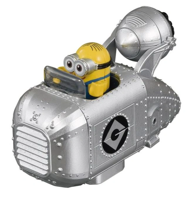 Minion in a silver rocket car toy with goggles and a yellow body.