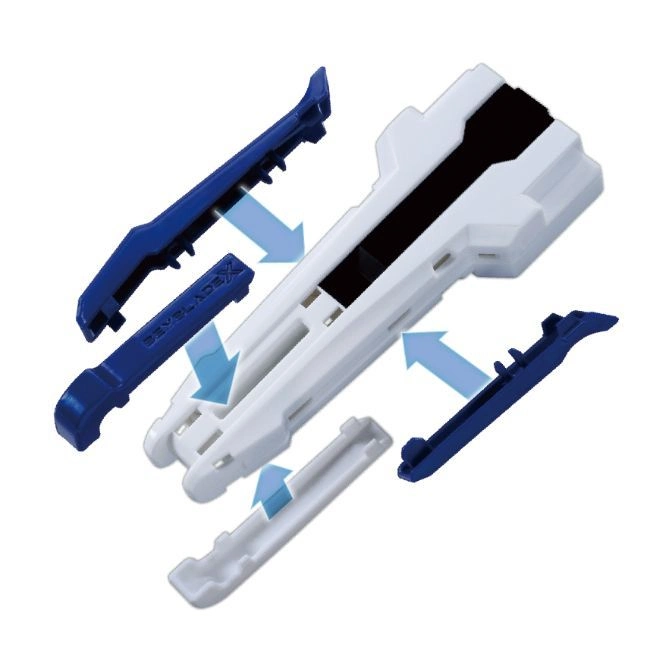  Beyblade X launcher with blue and white parts being assembled, showing assembly process.