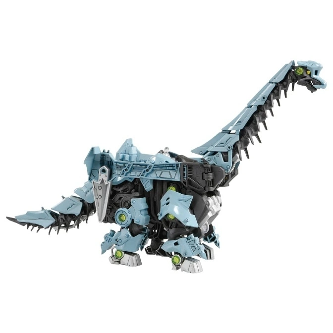 Dinosaur robot toy with a long neck, blue armor, and green accents.