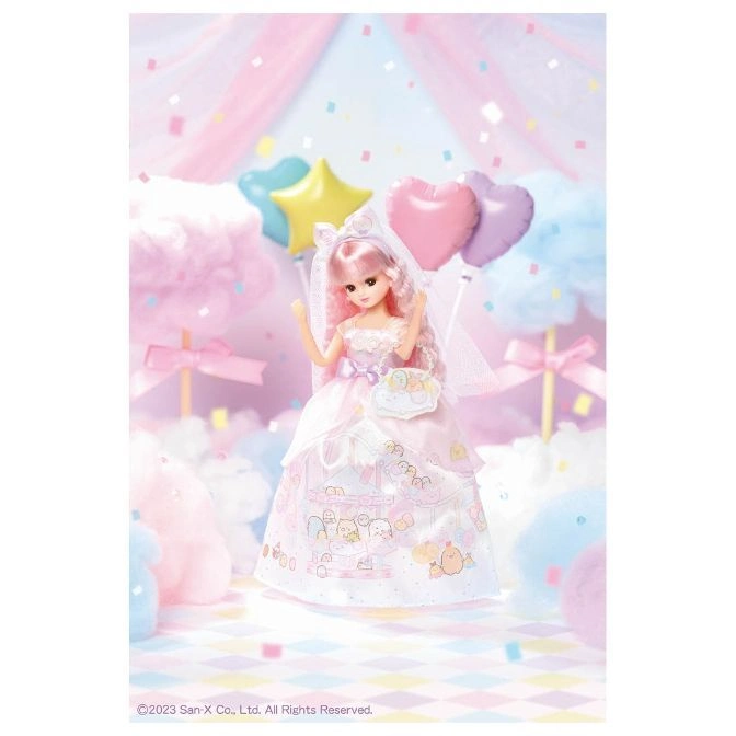  Pink-haired doll in wedding dress with Sumikko Gurashi print, surrounded by pastel cotton candy and balloons.