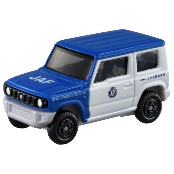 Blue and white JAF Suzuki Jimny toy car.