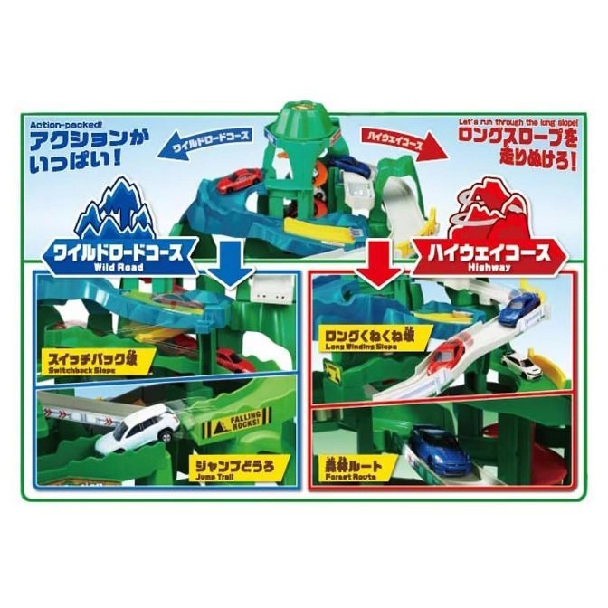  Toy car playset with two tracks: a wild road and a highway, featuring slopes, jumps, and winding paths.