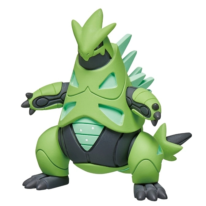 Green Tyranitar model kit with spiky details, standing.