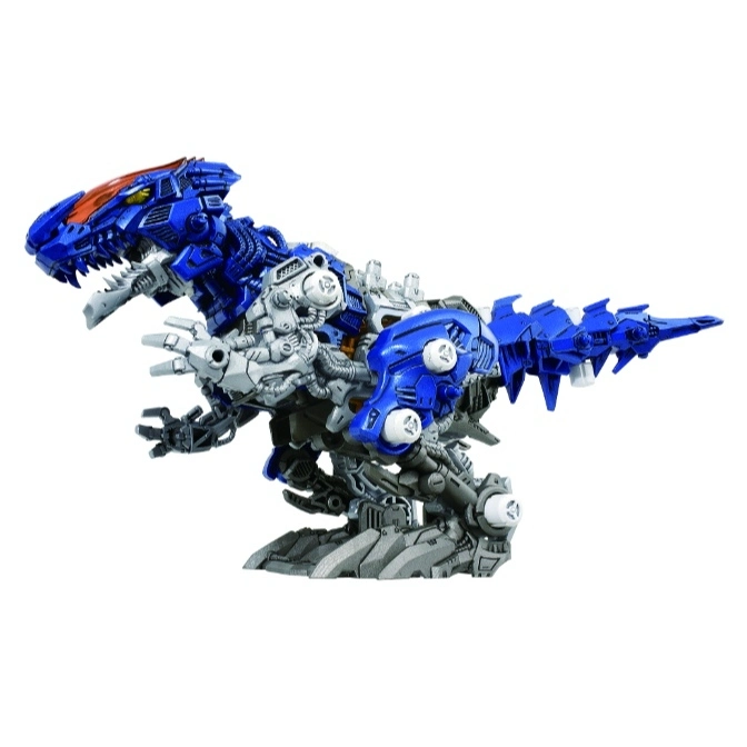  Blue and silver mechanical dinosaur toy with intricate detailing and a menacing pose.