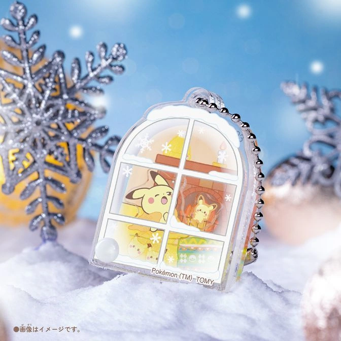  Pokémon window keychain with Pikachu and Pichu in a snowy winter scene.