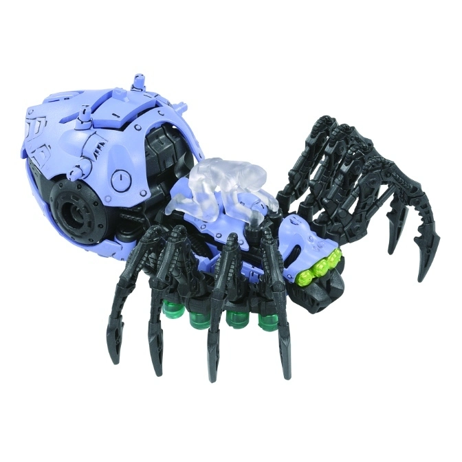 Blue spider toy with black legs and a clear, crystalline detail on its back.