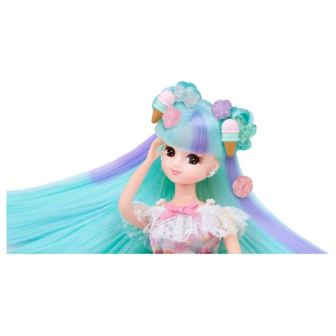  Doll with long, blue and purple hair decorated with ice cream and bow accessories, wearing a floral dress with lace.