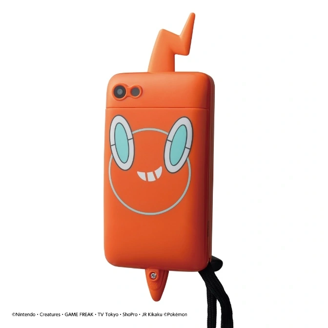  Orange Rotom phone case with lightning bolt detail and lanyard.