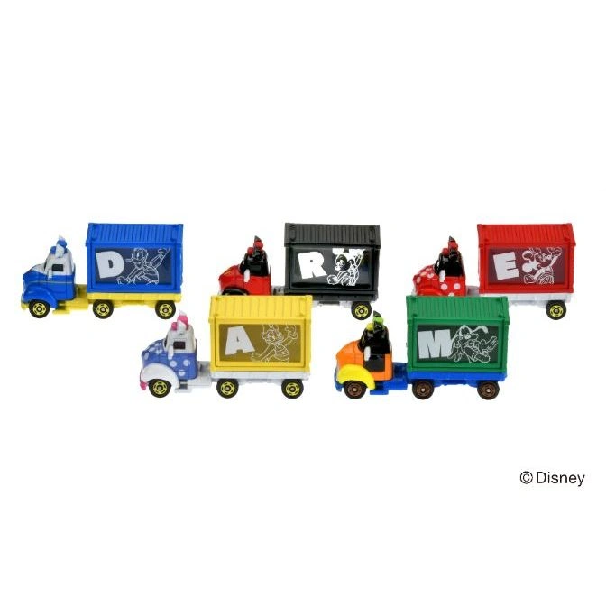  Disney alphabet toy trucks spelling DREAM, each with a character figurine.