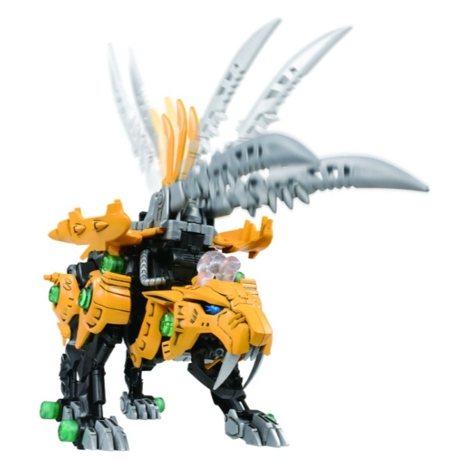  Yellow and black robotic tiger toy with silver blades extending from its back.