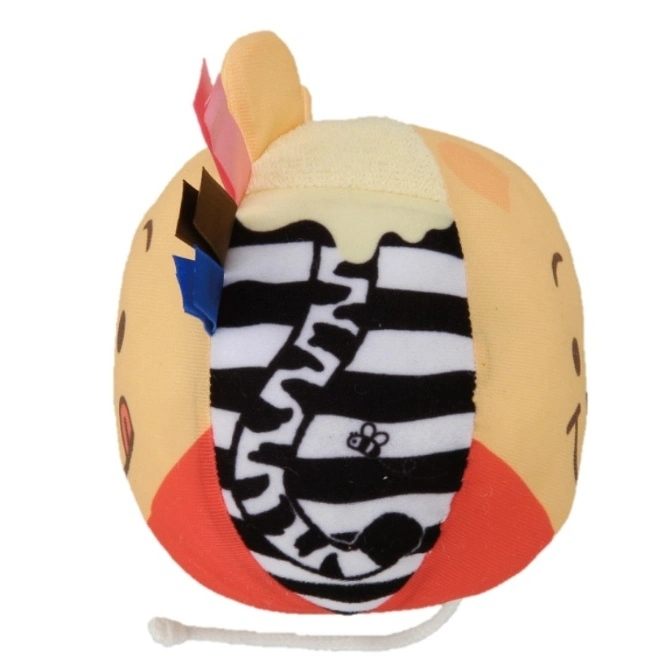  Round plush toy with black and white stripes, colorful tags, and a string.