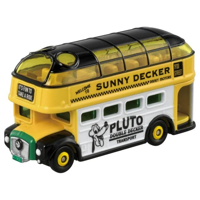 Pluto double-decker toy bus with yellow and white paint, black roof, and "Sunny Decker" text.